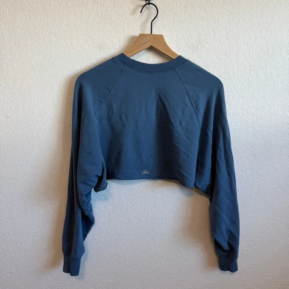 Alo Yoga Double Take Pullover Long Sleeve Crewneck Raw Hem Crop Top Blue Jean S
